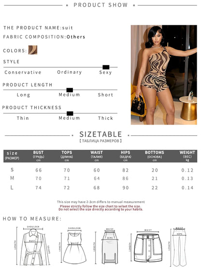Weird Puss Wavy Pattern Print 2 Piece Set Woman Skew Collar Backless Tank Tops+Ruffles Edge Design Mini Shorts Sexy Fashion Suit
