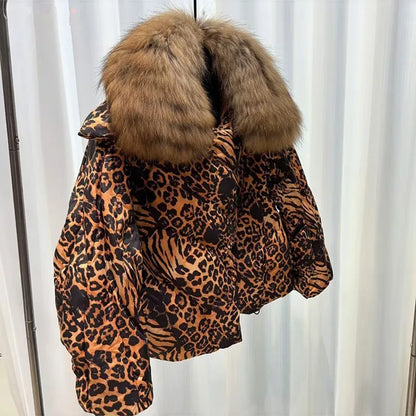 Women's Leopard Print down Jacket European Winter Natural Raccoon Fur Collar Short Warm Duck down Coat