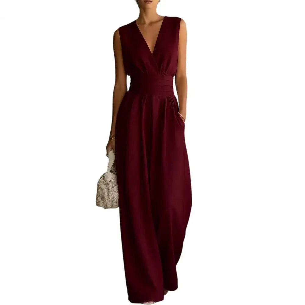 Women's Sleeveless Jumpsuits V Neck Straight Long Pants Rompers With Pockets Summer Casual One Piece Overalls 2026