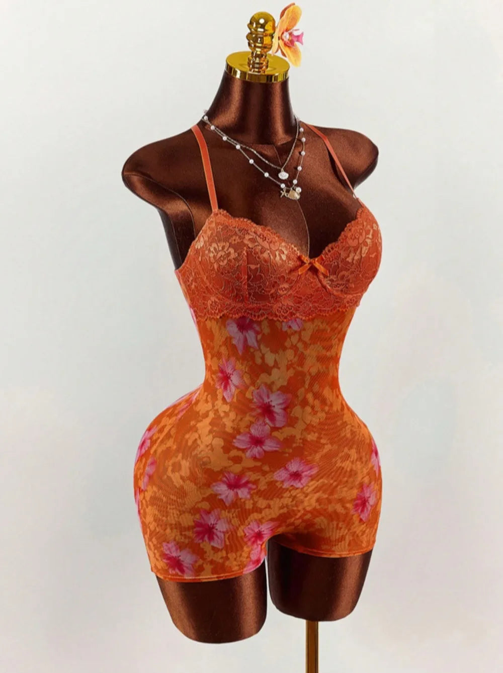 HLJ&GG Vintage Flowers Print Mesh Spaghetti Strap Bodycon One Piece Rompers Women V Neck Sleeveless Jumpsuits Fashion Overalls