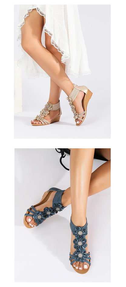 High quality leather flat sandals for women 5cm mid heel flower summer 2026 36 42 open toe casual beach shoe blue pink brown