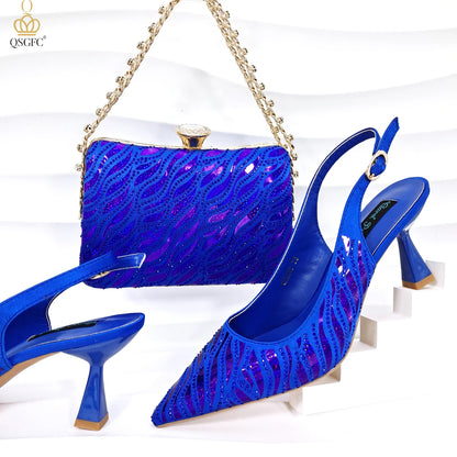 QSGFC New Arrival Fashion Shoes Matching Bag Set Royal Blue Color Decorated with Crystal Ladies Wedding Party Women High Heel