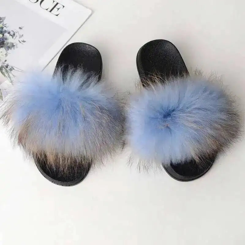 Real Raccoon Fur Slippers For Women 2026 Summer Fluffy Indoor House Fuzzy Flat Slides Outdoor Fashion Beach Sandals Flip Flops