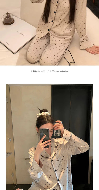 French High Sense of Sleepwear Women Spring and Fall New Simple Polka Dot Long-Sleeved Long Pants Ice Silk Homewear Fashion Suit