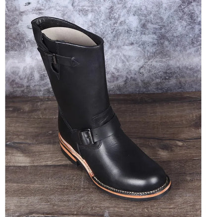 YR Best.Mens Vintage Style Engineer Boots.Quality Motor Rider Handmade Real Cowhide Shoes.Classic Genuine Leather Boots,Cool