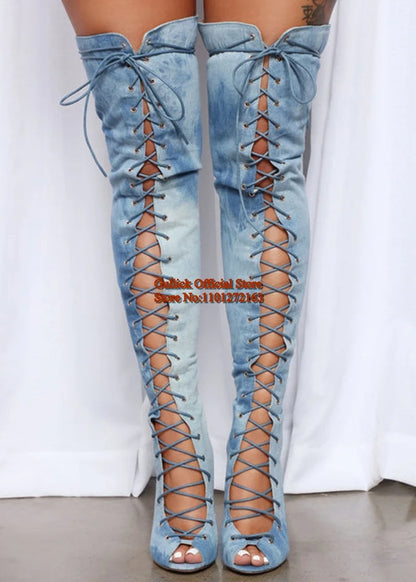 Blue Denim Peep toe Thigh High Boots Bandage Tie Jeans Over The Knee Boots Thin Heels Hollow Women Runway Dress Shoes Size10