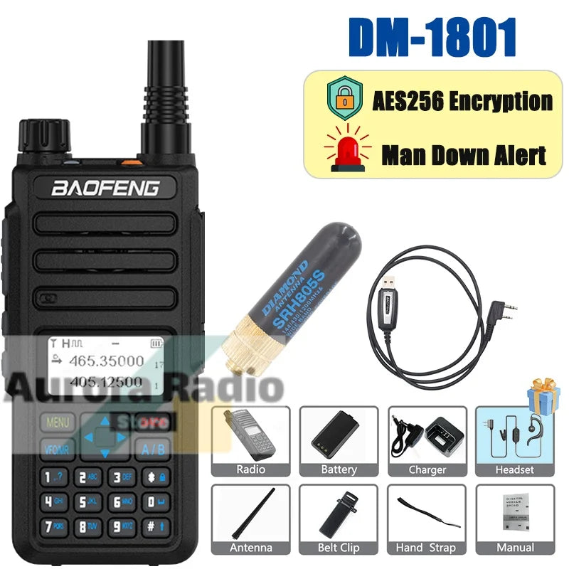 Baofeng DM-1801 DMR Walkie Talkie AES256 Man Down VHF UHF Digital & Analogy Dual Time Slot Roaming Recording 1024 Channel Radio