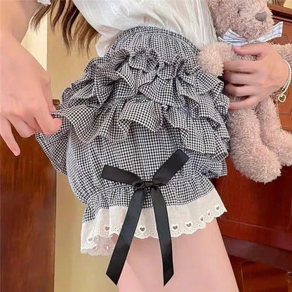 Pink Pleated panties woman pumpkin cute panties bow knot lolita safety shorts vintage pants victorian bloomers