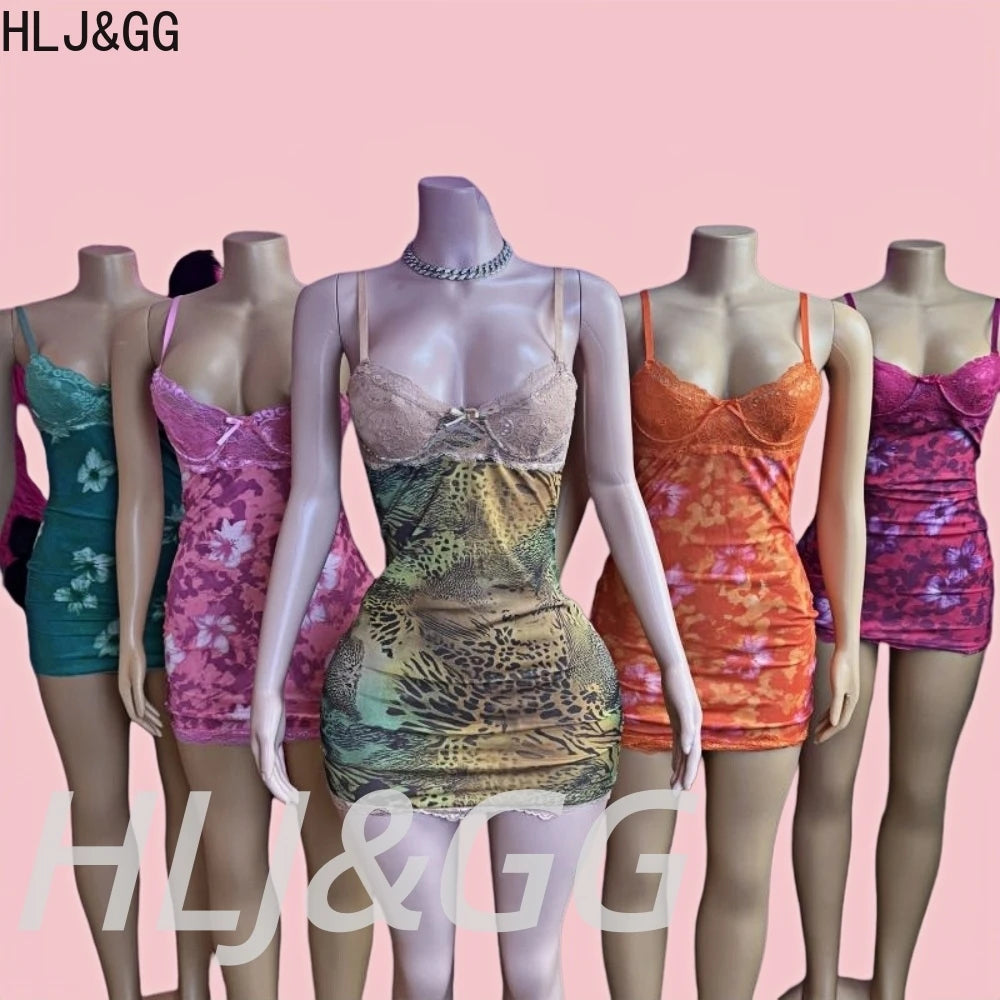 HLJ&GG Sexy Leopard Print Lace Spaghetti Strap Bodycon Mini Dresses Women Sleeveless Backless Slim Vestidos Summer New Clothing
