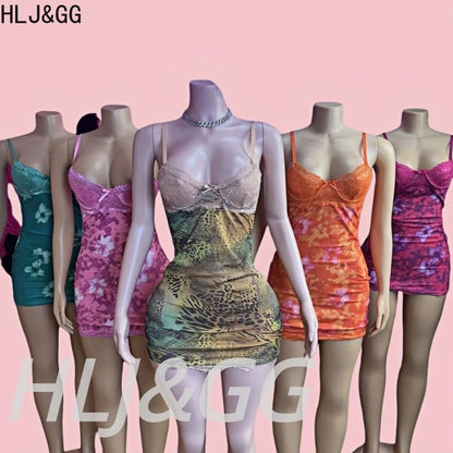 HLJ&GG Sexy Leopard Print Lace Spaghetti Strap Bodycon Mini Dresses Women Sleeveless Backless Slim Vestidos Summer New Clothing
