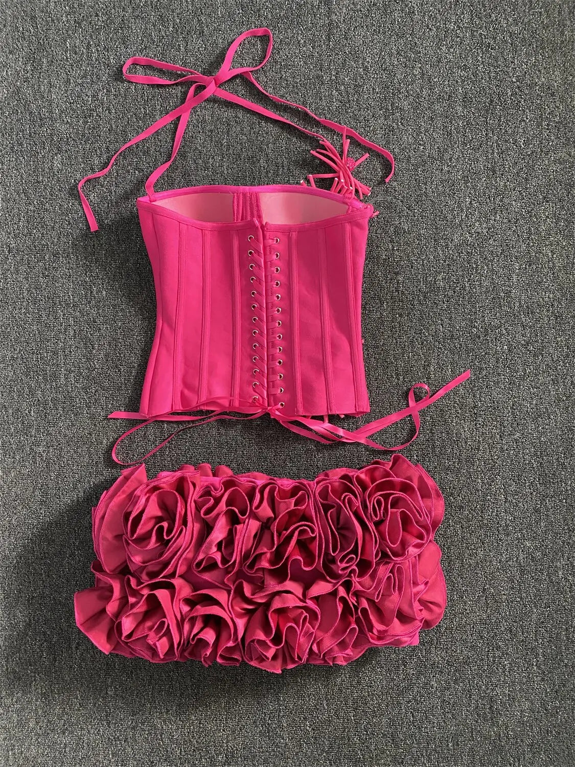2025 New Hot Pink Bandage Skirt Sets Women Sexy Halter Bodycon Top And Flowers Mini Skirt Two Piece Sets Evening Party Outfit