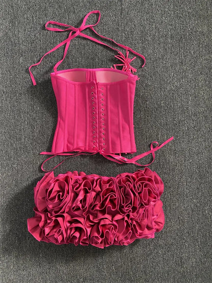 2025 New Hot Pink Bandage Skirt Sets Women Sexy Halter Bodycon Top And Flowers Mini Skirt Two Piece Sets Evening Party Outfit