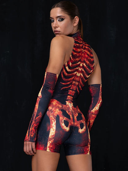 Bone Printed Playsuit Women Y2K Jumpsuits High Waist Hollow Out Gloves Bodycon Short Sleeves Rompers Sexy Club Bodysuits Female
