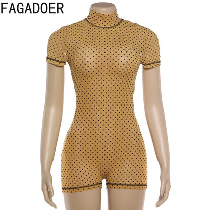 FAGADOER Khaki Polka Dot Bodycon Shorts Romper Women Stand Collar Back Hollow Out Skinny Jumpsuits Mesh See Through Playsuit