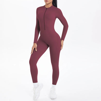 Solid Color Bodysuits for Woman's Backless Long Sleeved Zipper Yoga Jumpsuits High Dtrength Workout Sports Fitness Clothing Set
