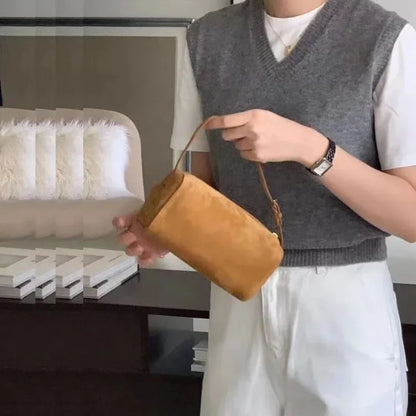 2025 New Luxury 90s Pen Holder Bag Genuine Soft Cowhide & Suede Mini Crossbody Bag Hand-Carry Vintage Shoulder Purse for Women