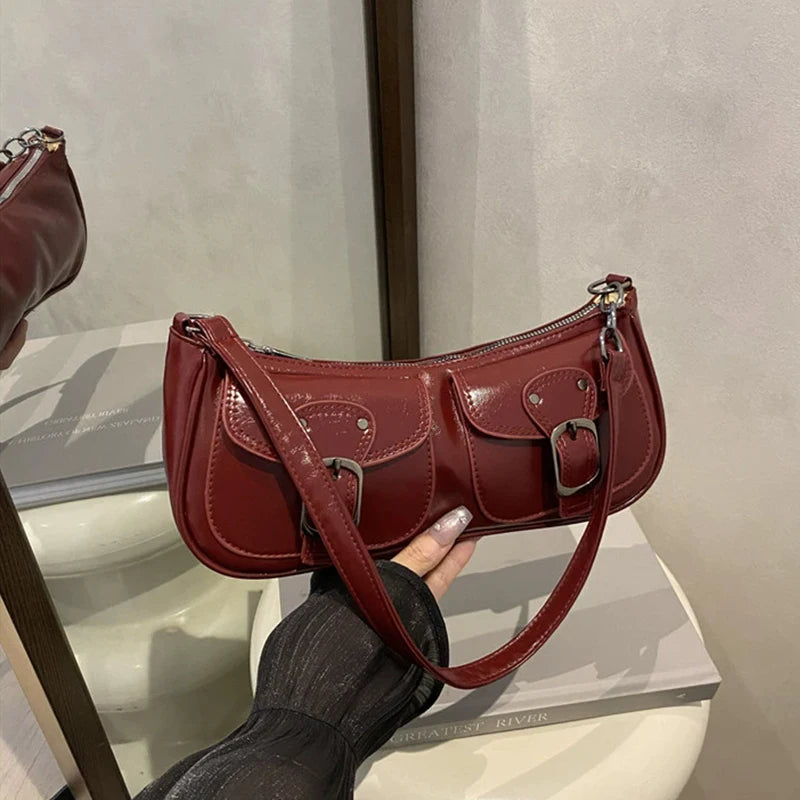 Fashion Pu Leather Women's Shoulder Bag Small Double Pocket Design Ladies Underarm Bags Y2k Vintage Female Handbags Clutch Purse