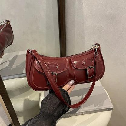 Fashion Pu Leather Women's Shoulder Bag Small Double Pocket Design Ladies Underarm Bags Y2k Vintage Female Handbags Clutch Purse