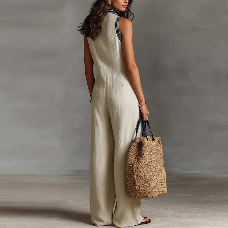 Bohemian Vacation Jumpsuit for Woman 2026 Spring Sexy Print Deep V Neck Hollow Rompers Summer Sleeveless Wide Leg Pants Overalls
