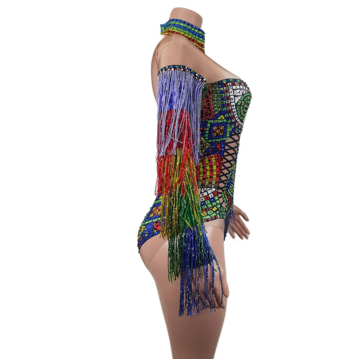 Sparkly Colorful Rhinestone Tassels Sleeves Jumpsuits Women Carnival Party Dance Costume Female Rompers Show One Piece Bodysuit