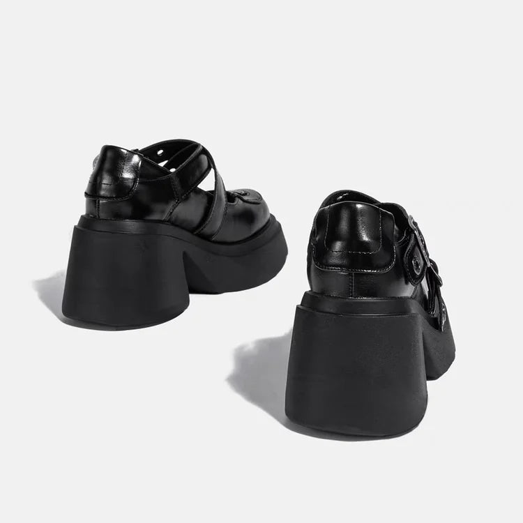 Mary Jane Shoes 2026 New Punk Metal Block Heel Platform Women's Shallow Mouth Buckle Single Shoes