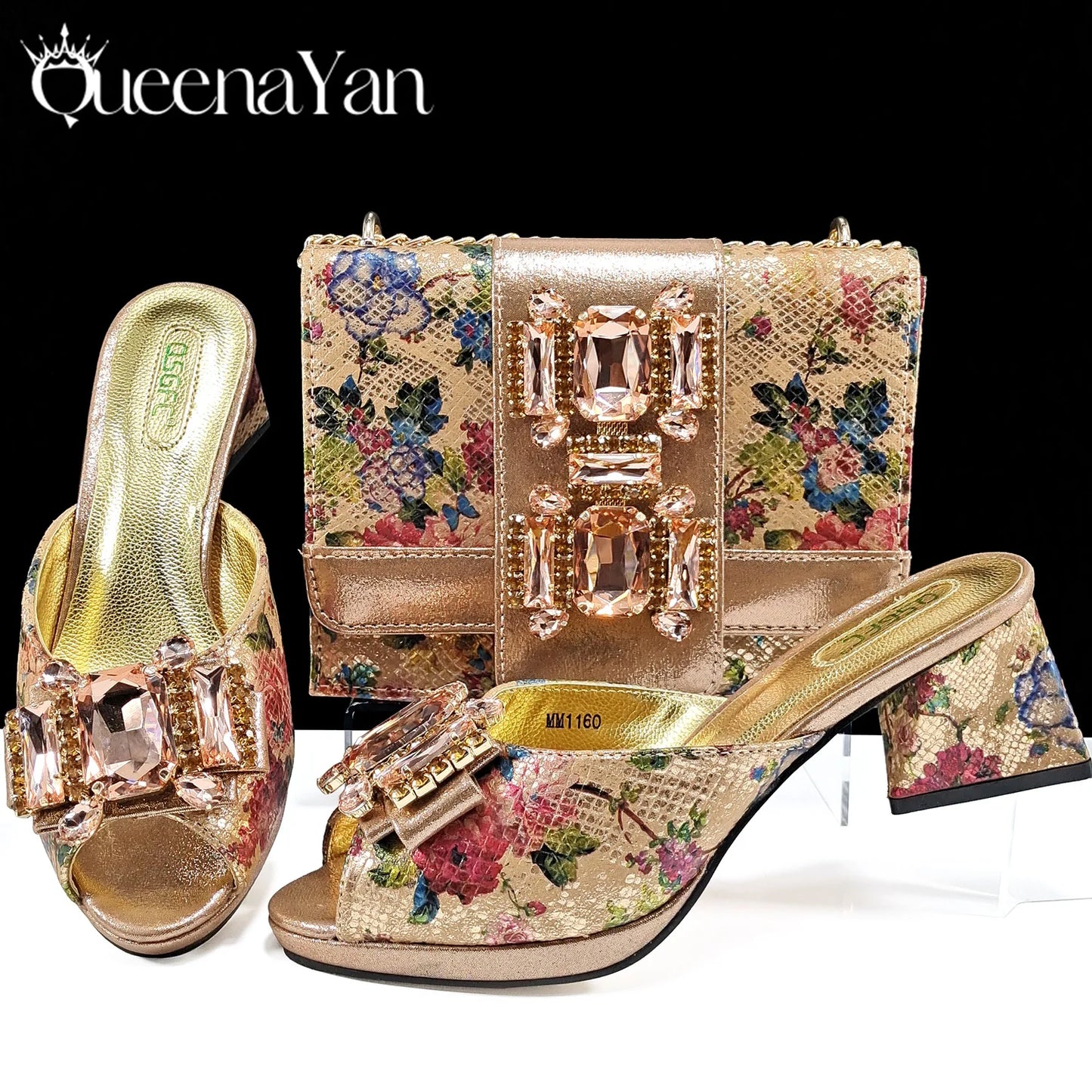 QSGFC Italian Sandals and Bags Matching Set 2026 Women Heel Party for Rose Gold Colour Wedding Bigger Size Thick Heel Shoes