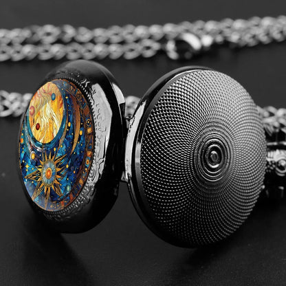 Vintage Sun and Moon Pendant Glass Dome Pocket Watch Souvenir Chain Clock Arabic Numerals with Personality Gift for Women Men