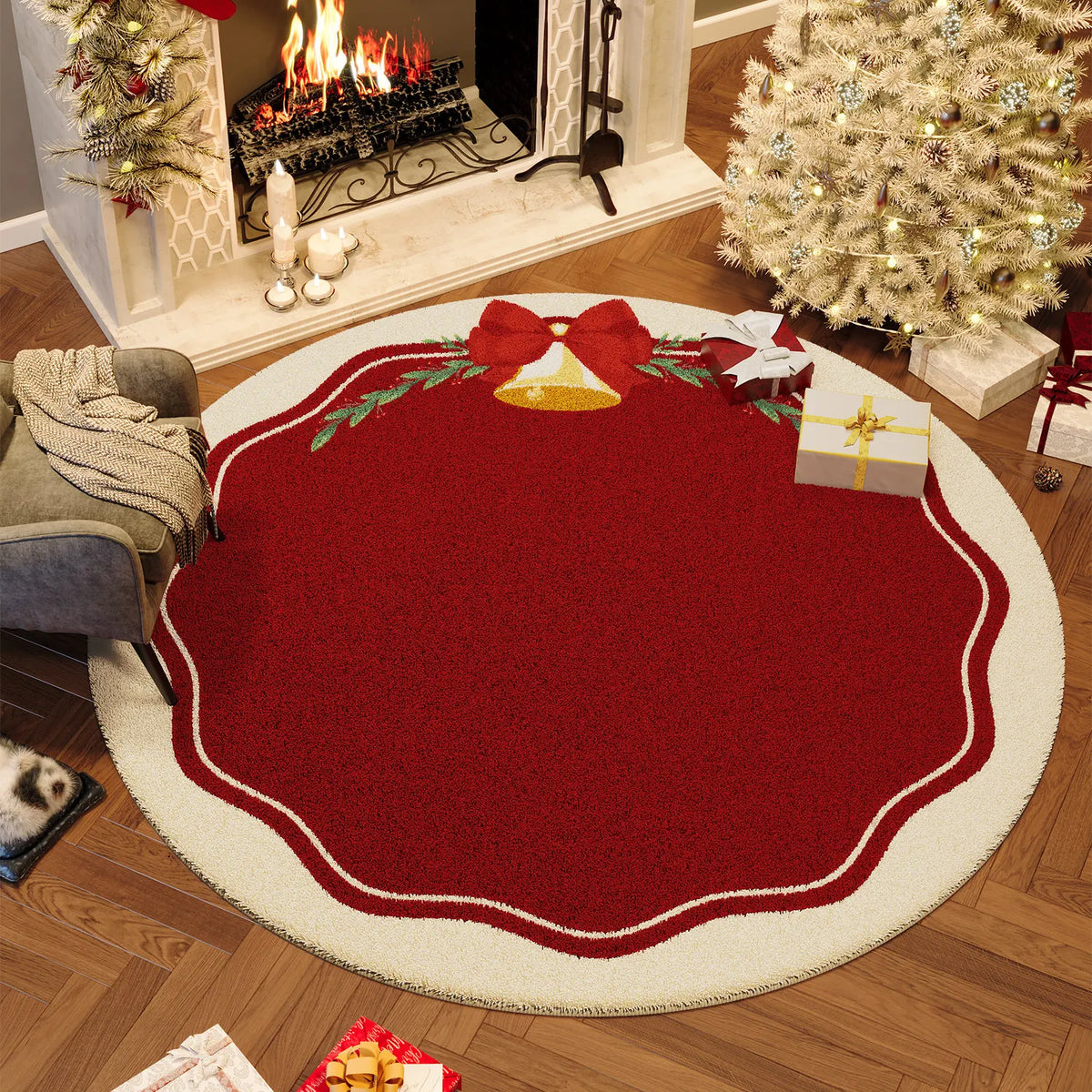 Christmas Round Faux Cashmere Area Rug Non Slip Soft Bedroom Bedside Carpet Xmas Holiday Home Decor Floor Mat for Living Room