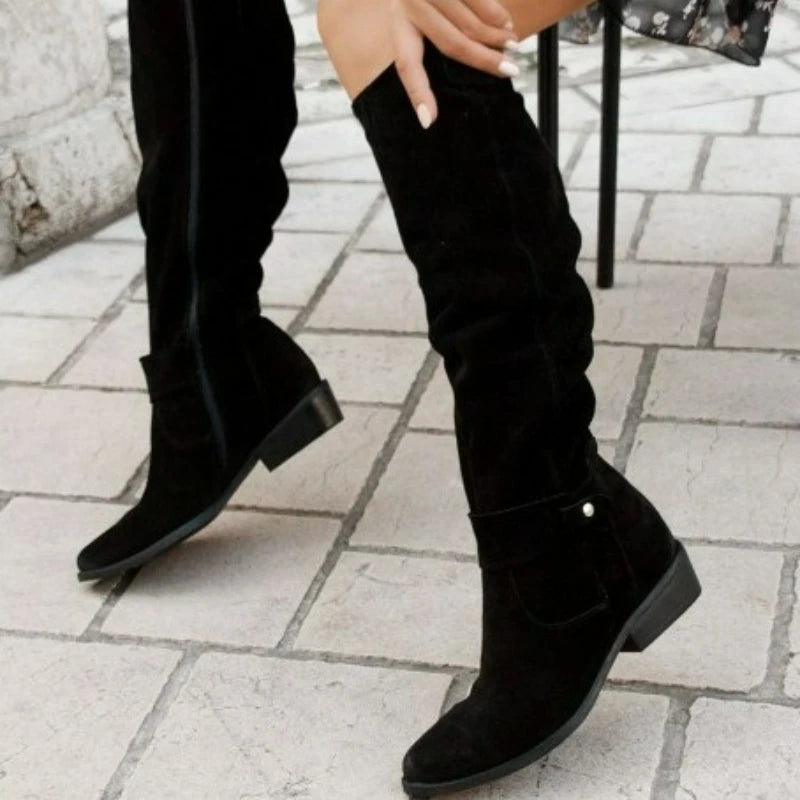 Women's Boots Suede Mid-Calf Boots Low Heel Side Zip Women Casual Shoes Autumn Winter Knee High Boot Retro Plus Size Long Boots