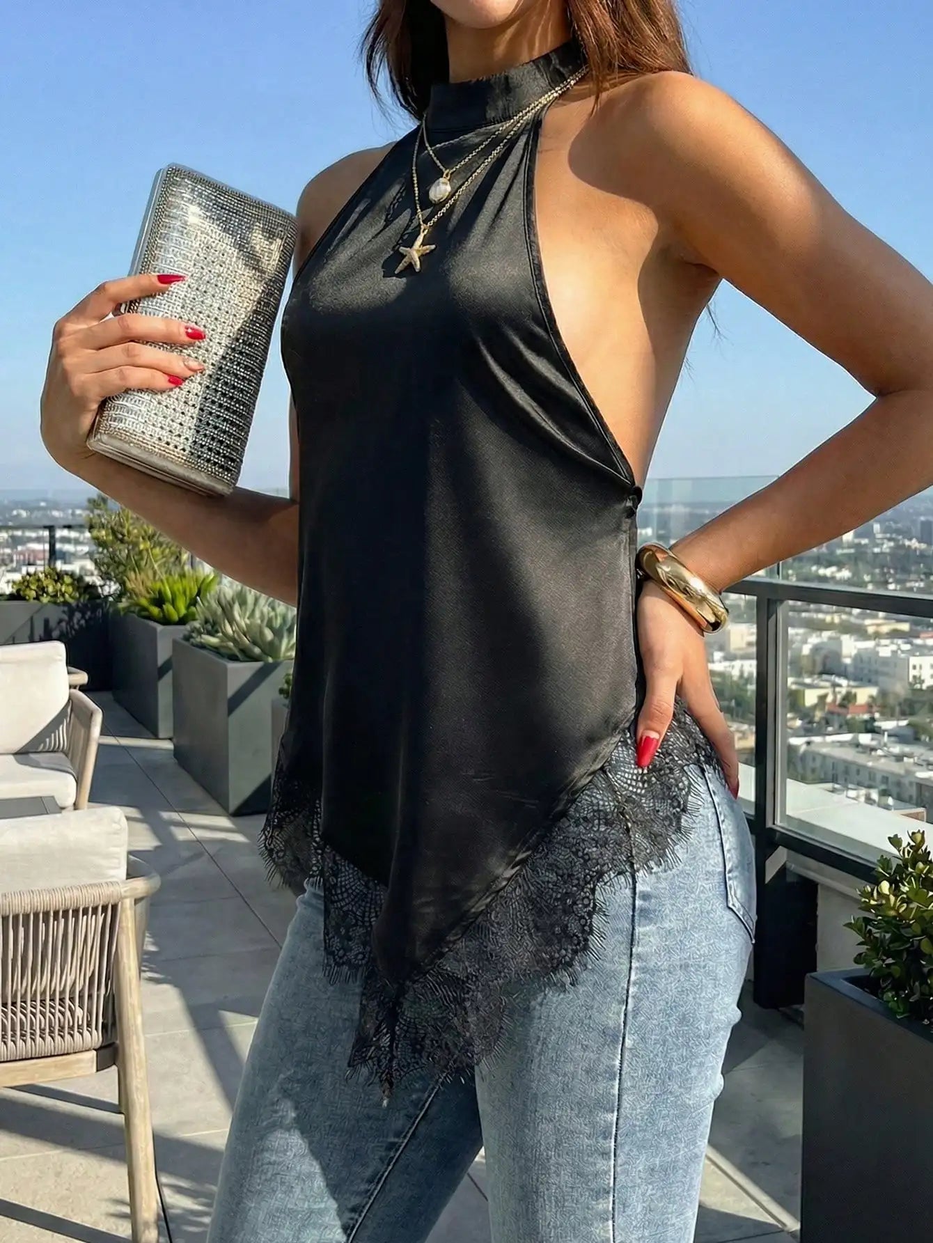Women's Camisole Tank Tops Black Halter Neck Satin with Lace Trim Sleeveless Dressy Elegant Evening Tops