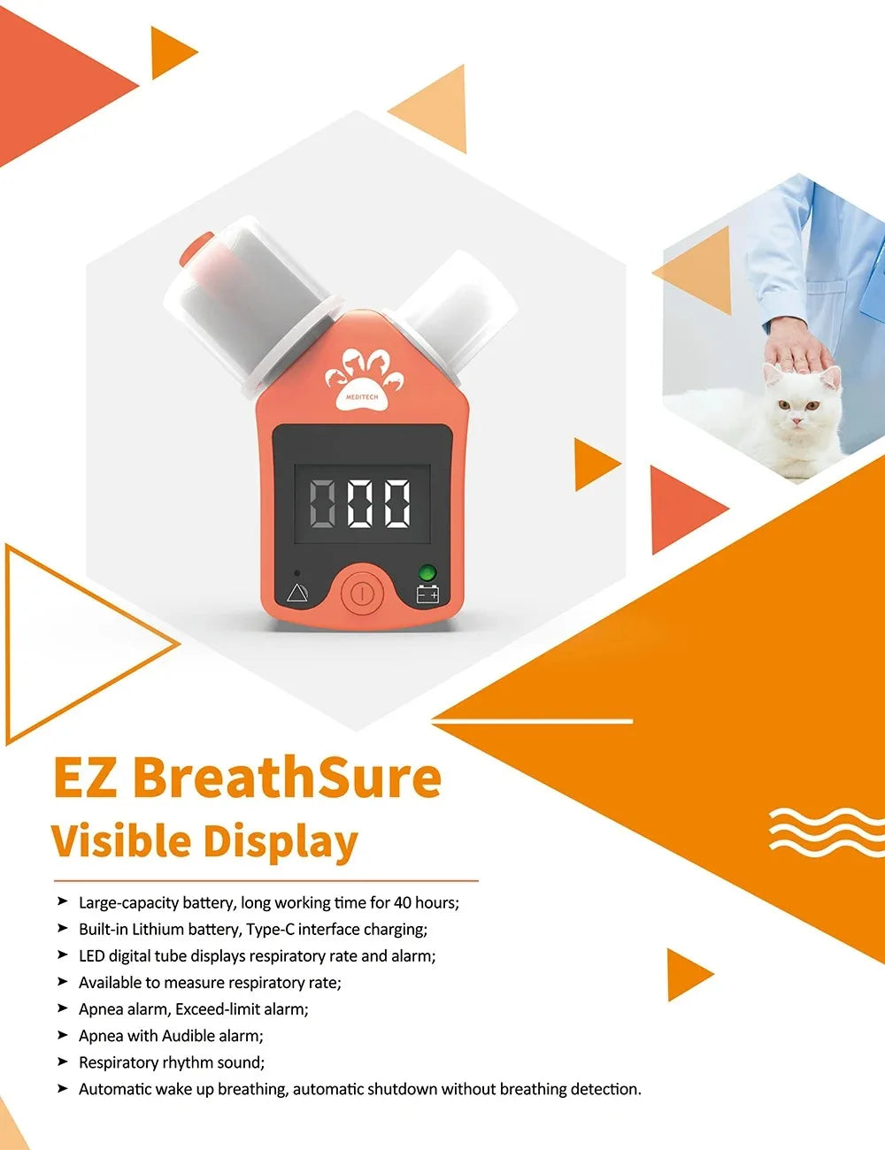 Rechargeable respiratory alarm for animals, anesthesia circuit monitor for cats and dogs, animal respiratory monitoring device