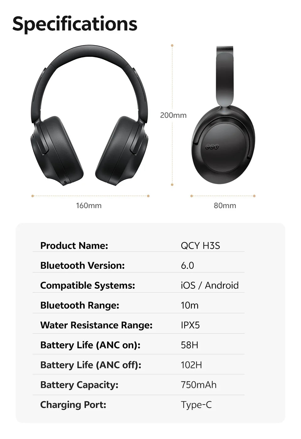 QCY H3S Over Ear Headphone Hi-Res LDAC Spatial Sound Headset H3S -56dB Adaptive ANC Wireless Earphone Bluetooth 6.0 102Hrs