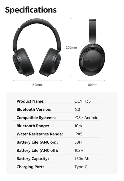 QCY H3S Over Ear Headphone Hi-Res LDAC Spatial Sound Headset H3S -56dB Adaptive ANC Wireless Earphone Bluetooth 6.0 102Hrs