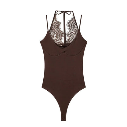 Women's Bodysuit 2026 New Fashion Summer Black Spliced Lace Bodysuit for Women Elegant Chic Personality Spaghetti Strap Bodysuit