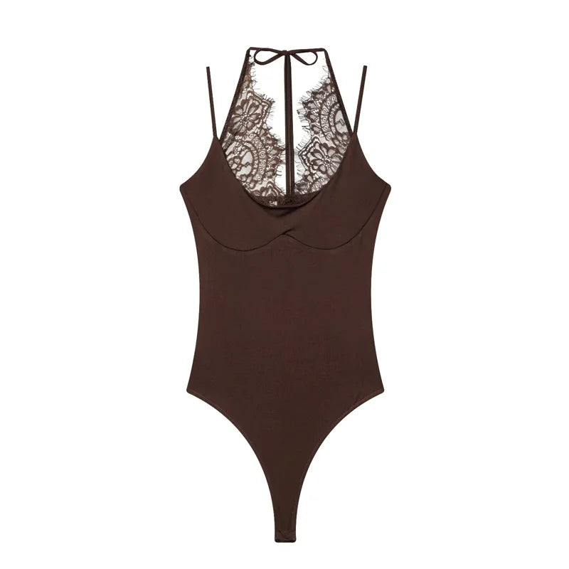 Women's Bodysuit 2026 New Fashion Summer Black Spliced Lace Bodysuit for Women Elegant Chic Personality Spaghetti Strap Bodysuit