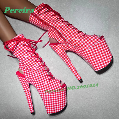 Red Gingham Peep-Toe Platform Ankle Boots Retro Cross Tied Stiletto High Heels Women's Sandals Lace-Up Pole Dance Shoes Zipper