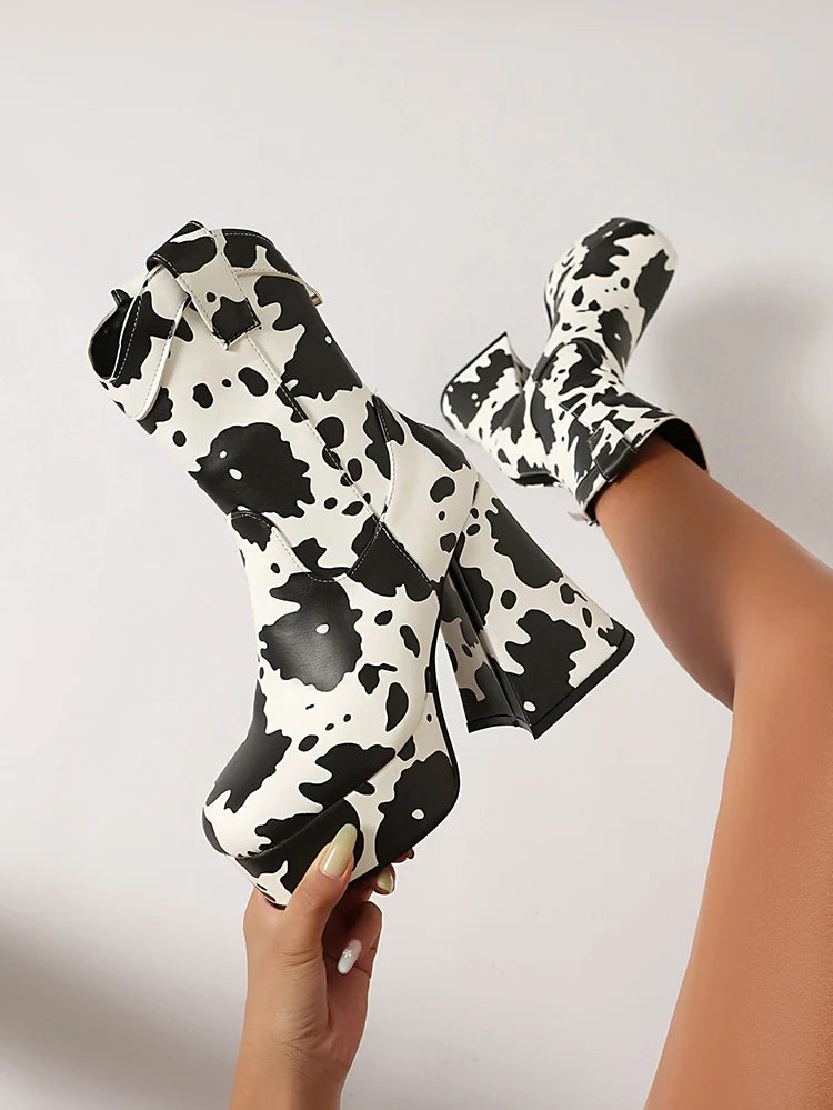 Microfiber Cow Pattern Slip On Short Boots Ultra-High Shaped Tapered Thick Heel Platform Denim Material Ankle Boots