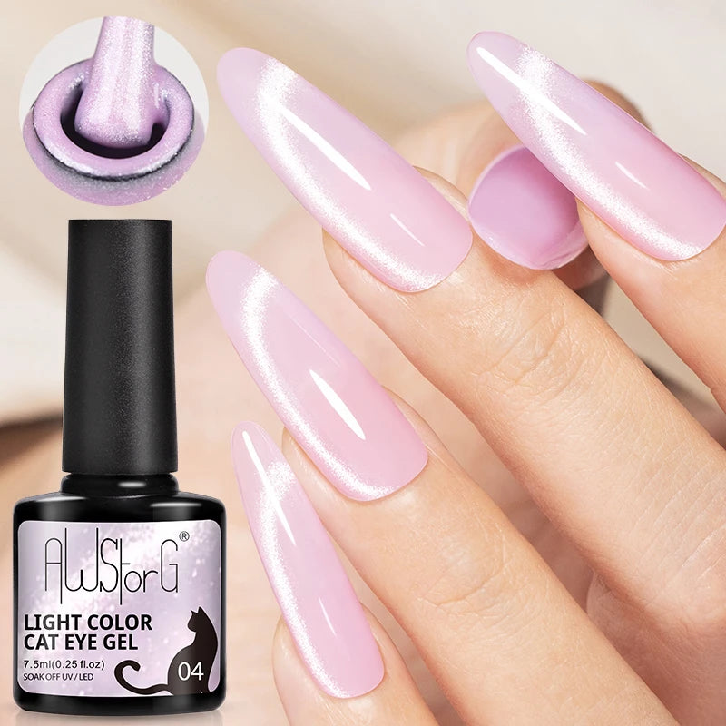 AWStorG 7.5ml Light Color Cat Eye Gel Nail Polish Pink Semi Permanent Glitter Magnetic Gel Soak Off UV LED Varnish Nail Art