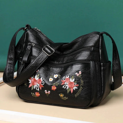 Embroidery Flowers Shoulder Messenger Bag Female Handbags Luxury Designer Purses Soft PU Leather Crossbody Women's Evening Bag