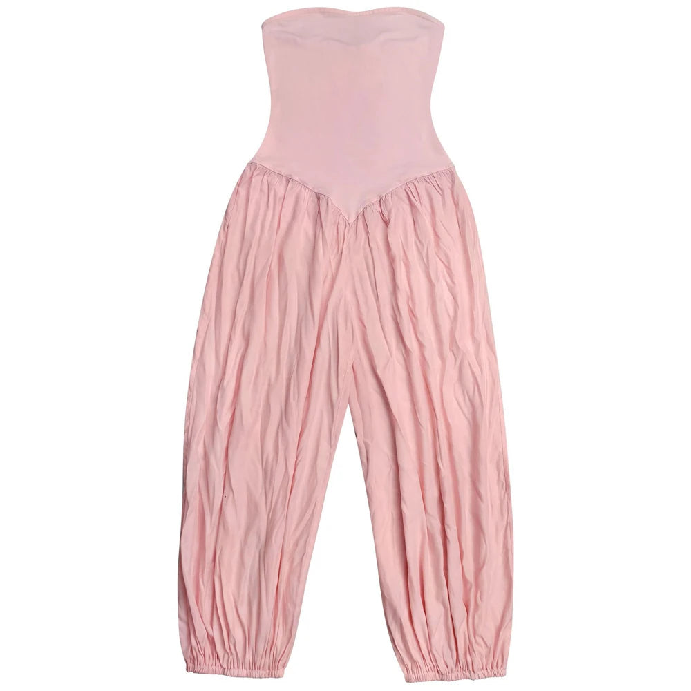 Summer Patchwork Cute and Sweet Pink Strapless Jumpsuits Midi Pants One Piece Rompers Slim Fit Women Ruched Party Jumpsuit