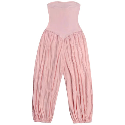 Summer Patchwork Cute and Sweet Pink Strapless Jumpsuits Midi Pants One Piece Rompers Slim Fit Women Ruched Party Jumpsuit