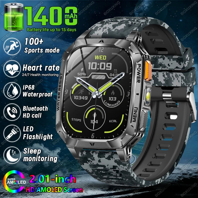 New 1400 mAh Battery Military Smartwatch Men IP68 Waterproof Flashlight Health Monitor Sports Call Smart Watch For iOS Android