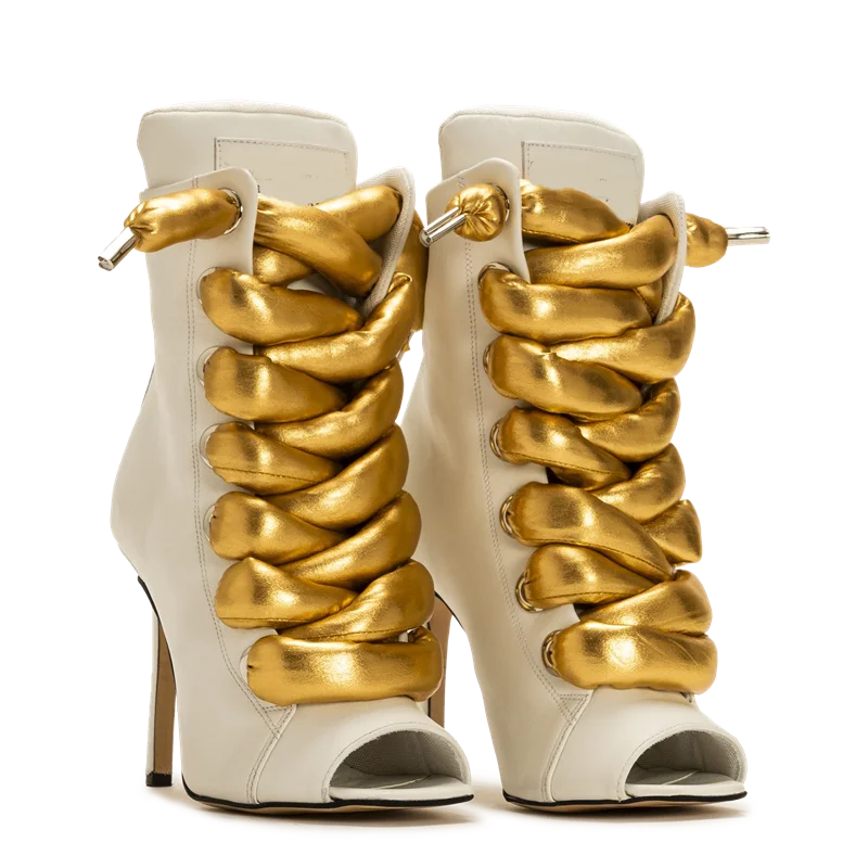 Peep Toe Corss Tied Patchwork Ankle Boots Sexy Square Toe Thick Heel New Arrivals Fashion Women Runway Shoes