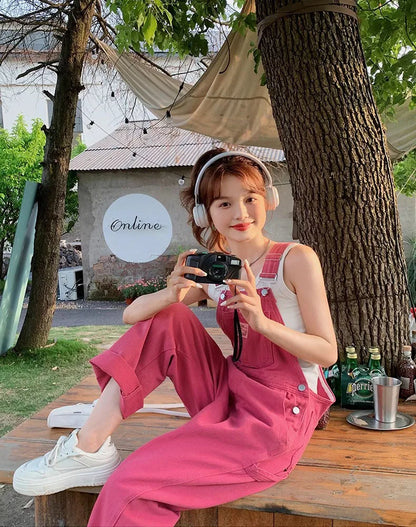 Vintage Pink Denim Overalls Adjustable Strap Wide Leg Jumpsuit Y2K Cute Campus Casual Pants