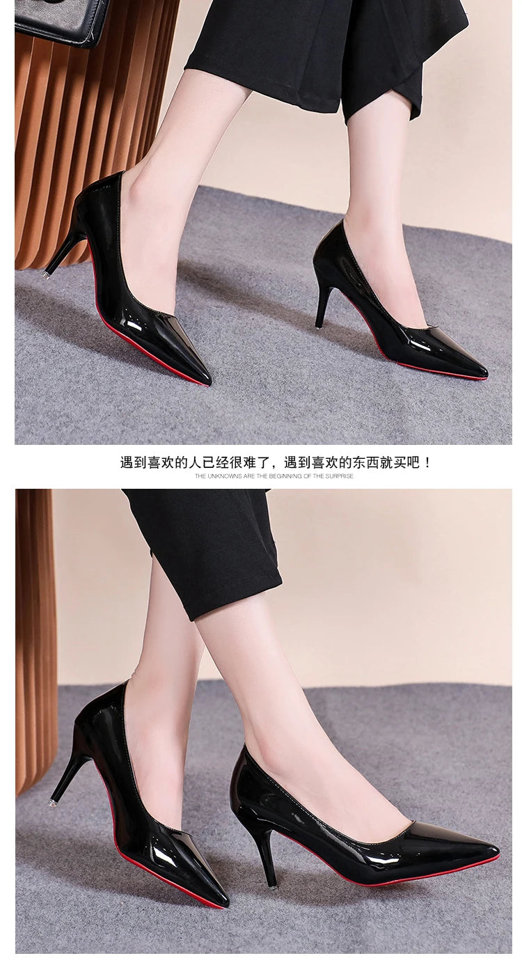 Sexy Pointed Toe Patent Leather High Heels Temperament Girl Red Sole Party Dress Stiletto Pumps Classic Black Work Single Shoes