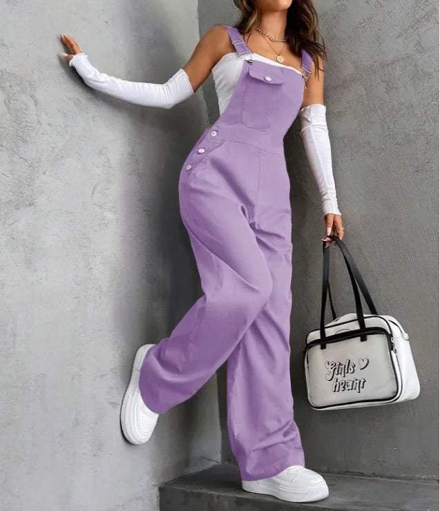 Women's Casual Bib Overalls Adjustable Shoulder Strap Pocket Wide Leg Jumpsuit Loose Straight Women Streetwear Suspender Pants