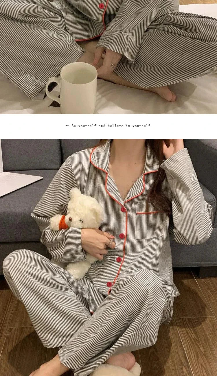 Pyjama respirant à manches longues pour femmes, vêtements de nuit pour étudiants, cardigan à rayures grises, vêtements d'intérie