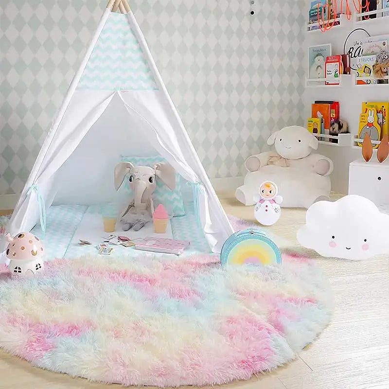 60/80/100/120/140/160 Round Rug Rainbow Fluffy Soft Area Rugs for Kids Girls Room Plush Shag Carpet Cute Circle Bedroom Decor