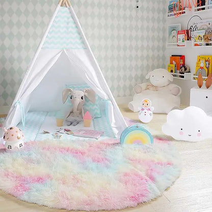 60/80/100/120/140/160 Round Rug Rainbow Fluffy Soft Area Rugs for Kids Girls Room Plush Shag Carpet Cute Circle Bedroom Decor