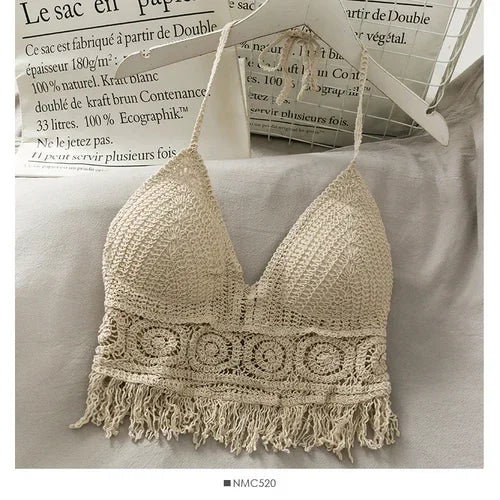 2026 Crop Tops Retro Wild Hollow Perspective Tassel Sexy Spaghetti Strap Tanke Top Women Built In Bra New Back Lace Halter Neck